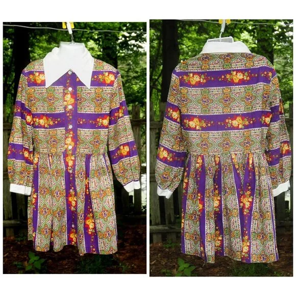 Vintage | Dresses | Vintage 7s Girls Cotton Purple Paisley Floral School Church  Dress Size 80 | Poshmark
